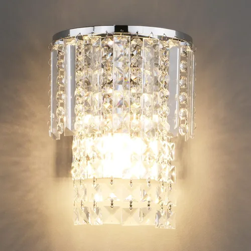 Vista 6 de Aplique de pared moderno de cristal K9 con cableado, acabado cromado, lámpara de pared con gotas de cristal acrílico para dormitorio y sala de estar