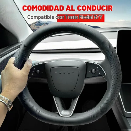 Vista 2 de Funda para volante de Tesla Model 3 y Model Y, cómoda, antideslizante, transpirable, piel de napa negra (negro)