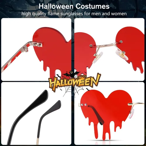 Vista 4 de Pro Acme Gafas de sol rojas con llama goteante para mujeres y hombres, con tonos de corazón, disfraz de Halloween, gafas de fiesta sin montura