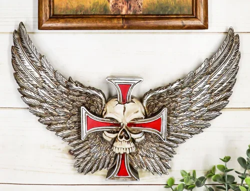 Vista 3 de Ebros Gift Ángel gótico cráneo alado con cruz de crucifijo rojo decoración de pared placa tiempo espera a nadie hombre guardián ángel calavera