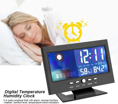 Vista 4 de Reloj digital, pantalla digital de temperatura y humedad con alarma, 12/24 horas conmutable para actividades y regalos