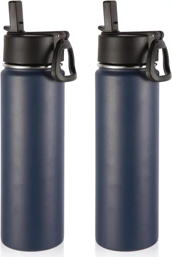 Vista 46 de Volhoply Botellas de agua aisladas de 22 onzas con tapa con popote, botella deportiva de acero inoxidable con asa, vasos de agua de viaje de metal