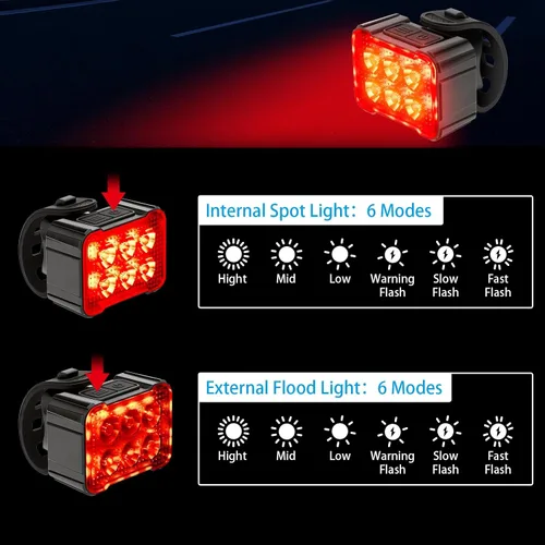 Vista 4 de 2 luces para bicicleta, luces delanteras y traseras, juego de luces de bicicleta recargables por USB, 6+12 modos, luces impermeables IPX4