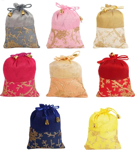 Vista 13 de Touchstone Bolsas con cordón de tela tradicional india, hechas a mano, perfectas para regalos, joyas, bodas, bolsas, bolsas, Potli, -Mimosa