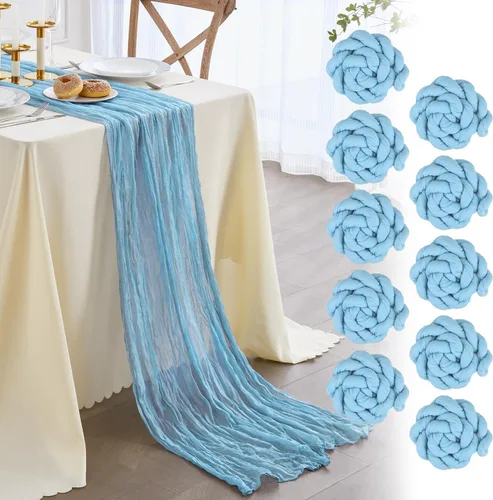 Vista 21 de Nialnant Camino de mesa de estopilla azul bebé, camino de mesa bohemio de 13 pies para cocina, cena, fiesta de Año Nuevo azul, decoración de bodas