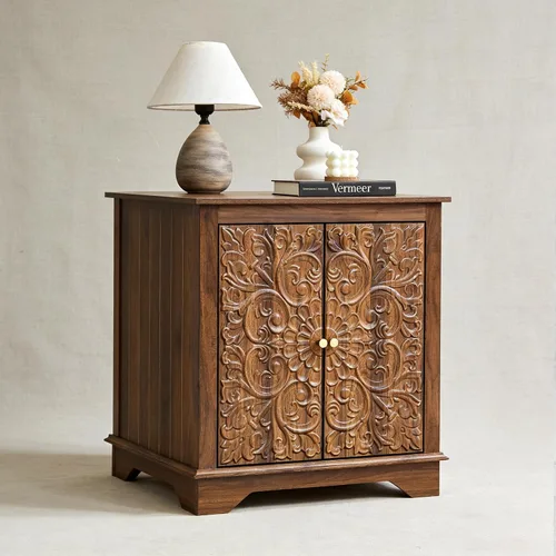 Vista 11 de weselon Mesa auxiliar de estilo granja con puerta floral tallada, mesita de noche de 24 pulgadas de ancho con estante ajustable, mesa auxiliar