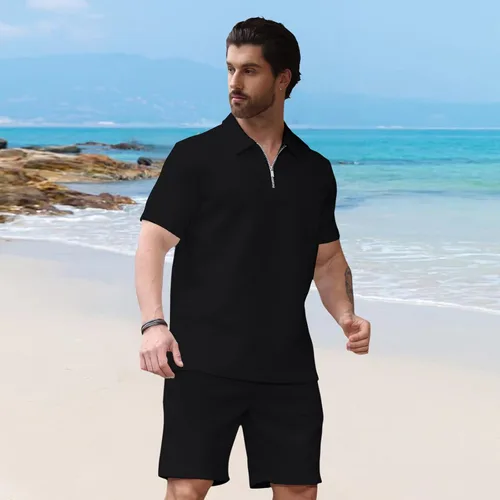 Vista 4 de Aulemen Conjunto deportivo de 2 piezas con cremallera para hombre, manga corta, camiseta polo y pantalones cortos, conjuntos de verano para hombre