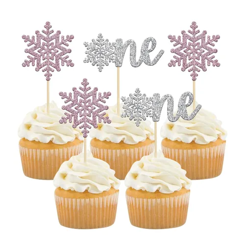 Vista 12 de Gyufise 24 piezas de copos de nieve Oh Baby Cupcake Toppers Glitter Winter Frozen Baby Shower Cupcake Picks para invierno, país de las maravillas