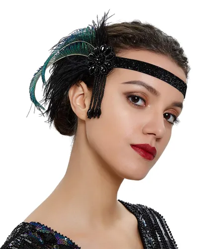 Vista 2 de Diadema de plumas para novia de los años 20 con borlas de flores de cristal y borlas de plumas negras, joyería para el cabello para mujeres y niñas