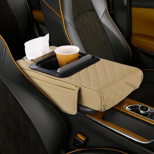 Vista 6 de Priprilod Almohada beige para reposabrazos de consola central de automóvil, espuma viscoelástica con portavasos y soporte para teléfono celular