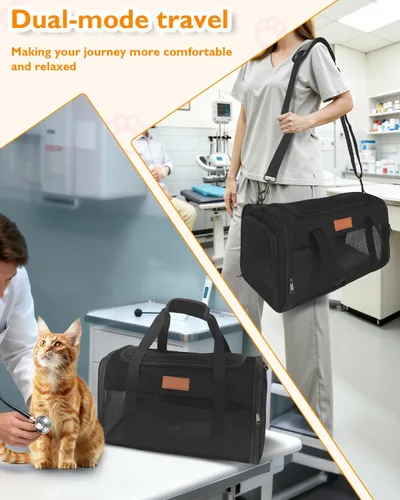 Vista 8 de PETUX - Transportador de mascotas aprobado por aerolíneas para gatos pequeños de hasta 12 libras, color negro 17x11x9.5 in, Underseat, Top & Side