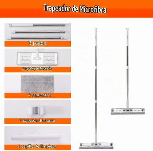Vista 5 de Trapeador húmedo de microfibra de 360° para limpieza de suelos; 4 almohadillas de microfibra reutilizables resistentes; altura ajustable