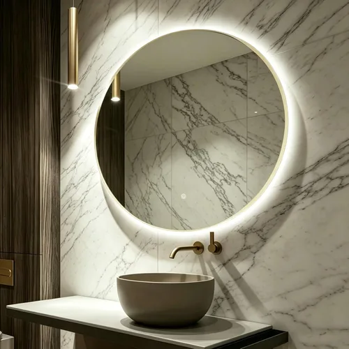 Vista 10 de Espejo de Baño LED Redondo de 24", Espejo de Tocador Retroiluminado Montado en Pared con Marco Biselado de 45°, Espejo Iluminado para Dormitorio
