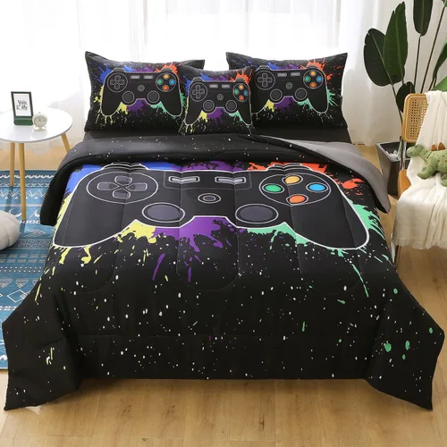 Vista 2 de JQinHome - Juego de edredón Gamer individual para niños y niñas, juego de cama en una bolsa de 6 piezas con diseño de videojuego 3D - Juego de ropa