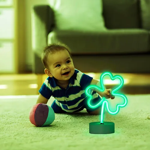 Vista 5 de ENUOLI Letreros de neón LED con forma de trébol, luces decorativas verdes, funciona con USB/batería, luces de decoración con base, letrero de neón