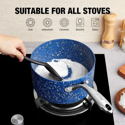 Vista 3 de Kitchen Granite - Juego de sartenes antiadherentes de 1 cuarto y 2 cuartos de galón con tapa, juego de ollas multiusos para el hogar, cocina o Azul