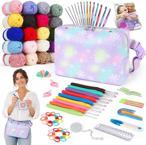 Vista 8 de Kits de ganchillo Aeelike de 69 piezas para principiantes con bolsa, gato azul Easy Learn to Crochet Kit All Age, Crochet Starter Kit Include