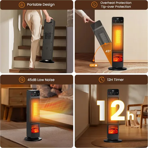 Vista 5 de Calentadores de torre para uso en interiores, calentador eléctrico de chimenea de 750 W/1500 W, llama 3D, calentador y ventilador con oscilación