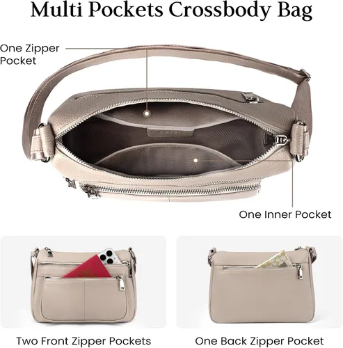Vista 3 de befen Bolsos cruzados de cuero genuino para mujer, bolsillos medianos para mujer, bolsos de hombro con múltiples bolsillos con cremallera