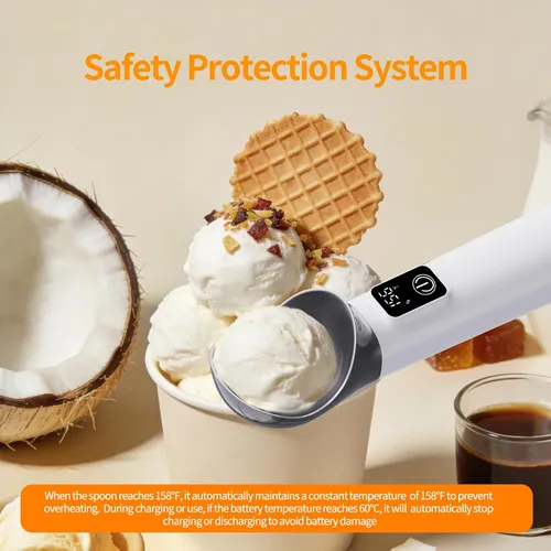 Vista 4 de Cuchara de helado con calefacción, cuchara eléctrica recargable con interruptor de encendido/apagado, pantalla LED y batería de 5000 mAh, 2 onzas