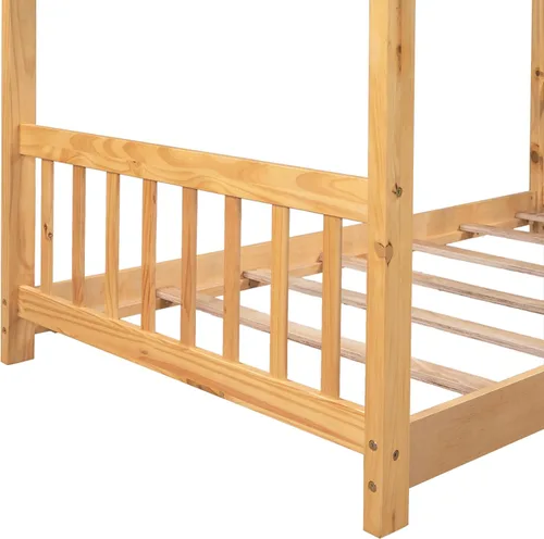 Vista 8 de Merax Cama de plataforma de casa de tamaño individual con cabecero y estribo, marco de cama de madera con diseño de techo para dormitorio,