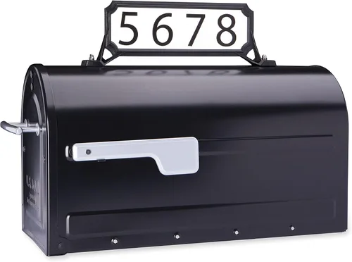 Vista 5 de Architectural Mailboxes Roxbury - Combo de buzón y poste de acero prémium con placa de dirección de Manhattan, mediano, negro