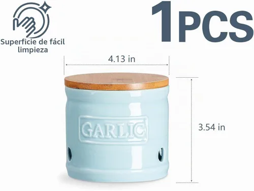 Vista 6 de ONEMORE Soporte de ajo con tapa, recipiente de ajo de cerámica de 4 pulgadas, azul claro