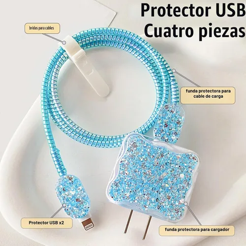 Vista 2 de CameCosy Protector de cable de lujo compatible con cargador de iPhone, diseño de borde ondulado con purpurina, funda USB de línea de datos Azul