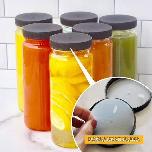 Vista 7 de All About Juicing Juego de 6 botellas de agua de vidrio transparente, boca ancha con tapas para jugos, batidos y bebidas, 16 onzas, duraderas Tapas