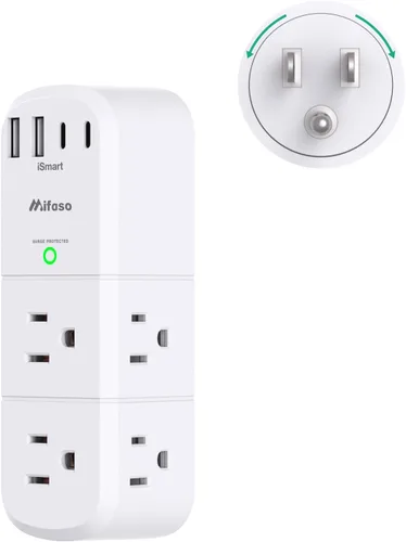 Vista 8 de Mifaso - Extensor de tomacorriente USB, protector de sobretensiones con enchufe giratorio, 1800 julios, 6 tomas de corriente alterna y 3 puertos USB