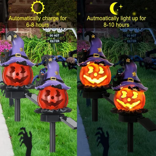 Vista 4 de Retisee - 2 luces solares de Halloween, luces solares de calabaza, linterna púrpura y anaranjado