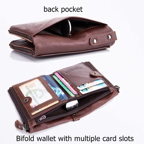 Vista 5 de BULLCAPTAIN Cartera de cuero genuino para hombre estilo vintage con doble cremallera monedero Coffee 47x12x37HxWxL Casual