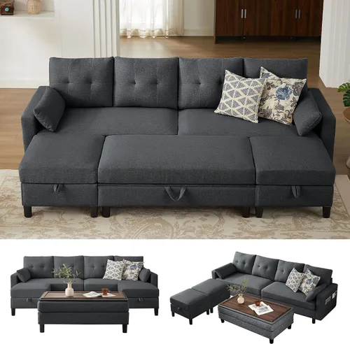 Vista 16 de Sofá en forma de L de 102 pulgadas, sofá con mesa auxiliar otomana, sofá moderno de 4 asientos con funda extraíble para apartamento y sala de estar