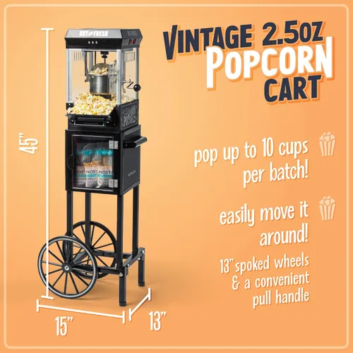 Vista 2 de Nostalgia Máquina para hacer palomitas de maíz - Carrito profesional con caldera de 2.5 onzas hace hasta 10 tazas - Máquina de palomitas vintage