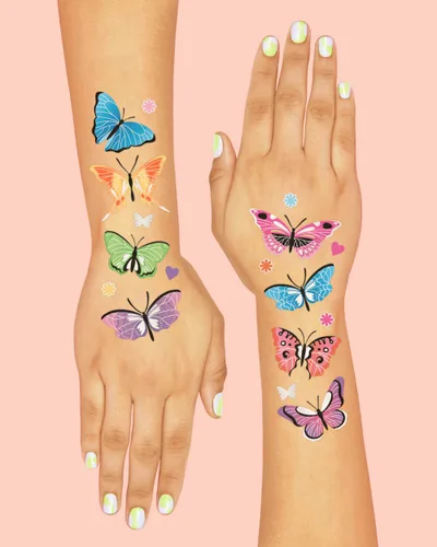 Vista 4 de xo, Fetti Tatuajes temporales de mariposa - 46 estilos de purpurina Suministros para fiesta de cumpleaños de hadas arco iris, monarcas, corazones