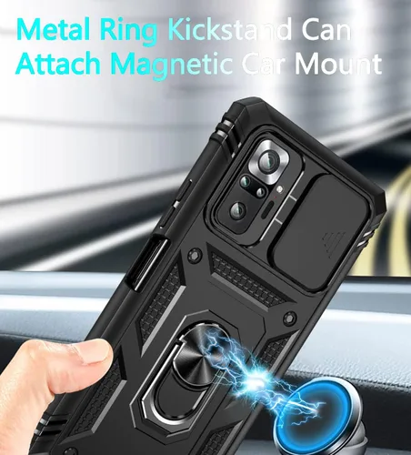 Vista 3 de Funda para Xiaomi Redmi Note 10 Pro, Redmi Note 10 Pro MAX con 3 protectores de pantalla de vidrio templado con soporte de anillo integrado + Negro