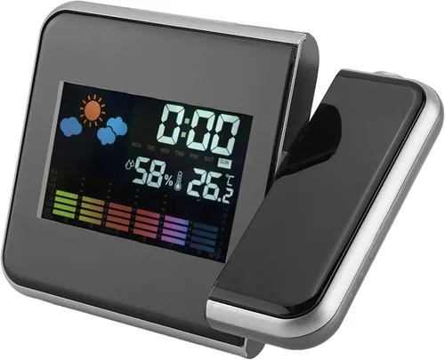 Vista 5 de Akozon Reloj despertador de proyección Digital LED Pronóstico del tiempo Calendario Pantalla Reloj despertador Temperatura Humedad Monitor Medidor