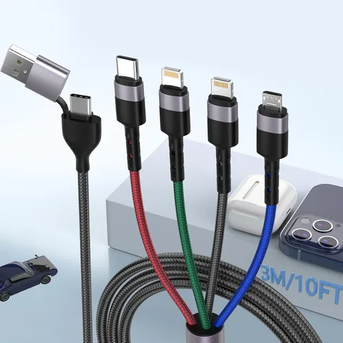 Vista 11 de Cable de carga con luz LED que fluye 3 en 1 Lightning/Type C/Micro USB brillante para automóvil para iPhone, cable de carga para automóvil azul