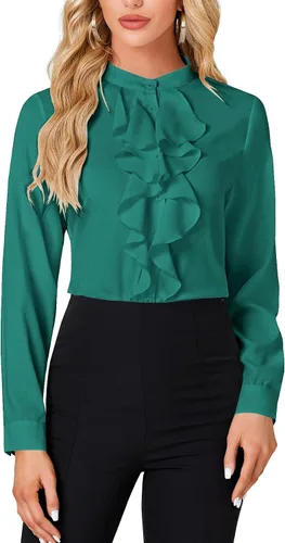 Vista 13 de LYANER - Blusa de cuello alto con botones, volantes en el frente, manga larga, camisa de trabajo para mujer