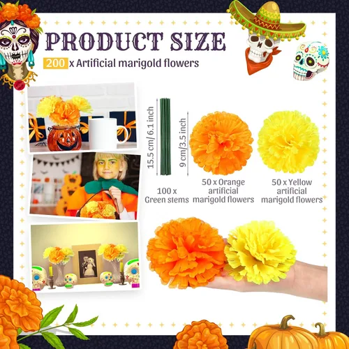 Vista 7 de 100 flores artificiales de caléndula con tallos de 3.5 pulgadas, flor falsa de caléndula de seda para fiesta de Halloween, decoración de altar