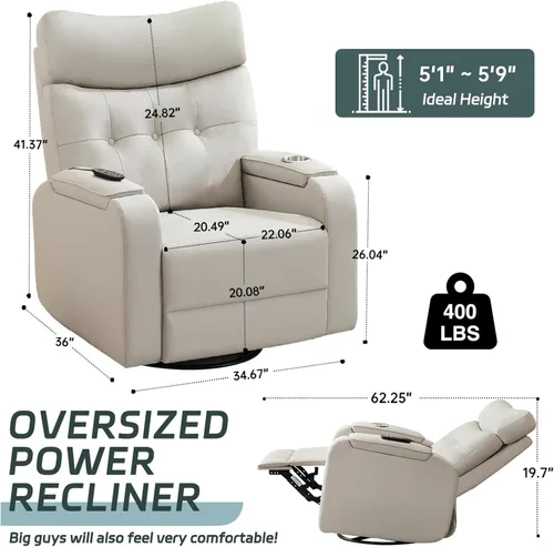 Vista 2 de Rocker - Silla reclinable para cuarto de bebé, mecedora giratoria con calor y masaje, para sala de estar, color gris claro Cuero Gris Claro