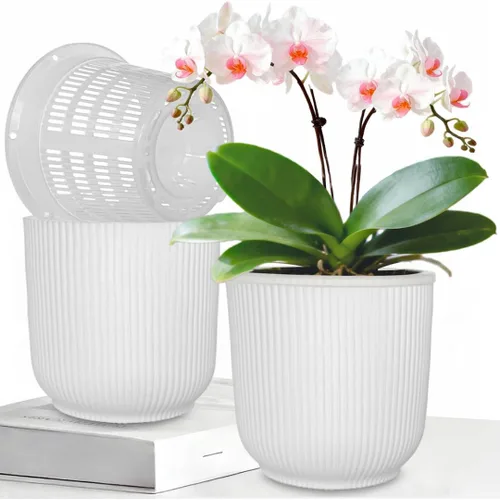 Vista 7 de MUZHI Juego de 4 macetas de orquídeas de doble capa para trasplantar 5.4 pulgadas, macetas de orquídeas ranuradas de malla transparente