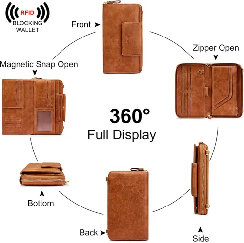 Vista 5 de S-ZONE Carteras de viaje para mujer con bloqueo RFID de cuero bolso cruzado para documentos de pasaporte soporte para tarjetas de crédito L