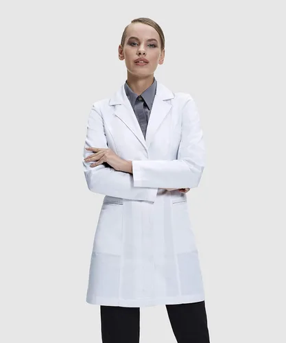 Vista 4 de Dr. James Abrigo de laboratorio para mujer, ajuste a medida, diseño femenino, blanco, 33 pulgadas de largo