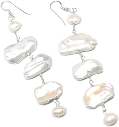 Vista 3 de Large White Kishi Biwa Cultured Freshwater Pearl Dangle Earrings Sterling Silver Gold-Filled