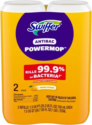 Vista 9 de Swiffer PowerMop Solución de recarga antibacteriana, limpiador de suelos multisuperficie multiusos para trapear azulejos, vinilo, laminado, madera