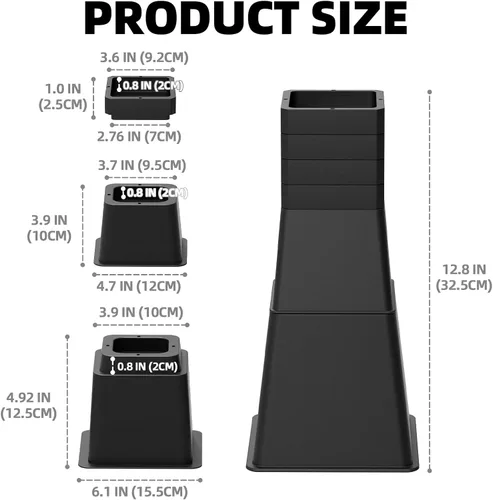 Vista 3 de Elevadores de cama de 12 pulgadas, resistentes, ajustables para cama, sofá, mesa, silla, soporta hasta 1500 libras (juego de 4, negro)