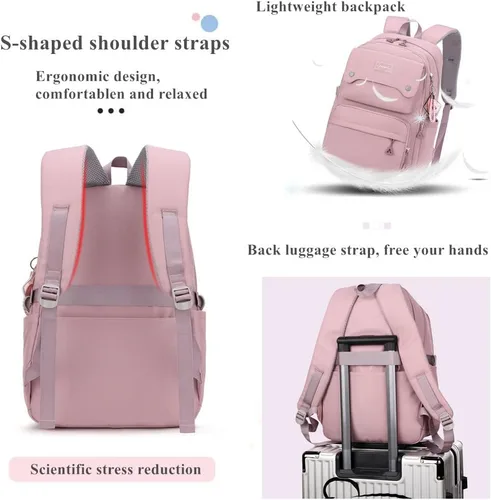 Vista 4 de Mochila casual para niños, color sólido, bolsa de escuela primaria y secundaria, bolsa de viaje para adolescentes, Rosado, Mochila de color sólido