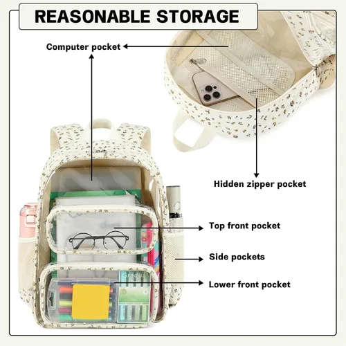 Vista 71 de CAMTOP Mochila transparente resistente y transparente para estudiantes, escuela, trabajo, festival, viajes, deportes, Beige, Mediana, Camtop Mochila