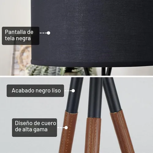 Vista 2 de Kira Home Sadie & Juno, RV-F5017-BKLR-BK Premium Black Linen Fabric Drum Shade, Stitched Faux Leather Leg Accents, Efficient 9W LED Bulb Included
